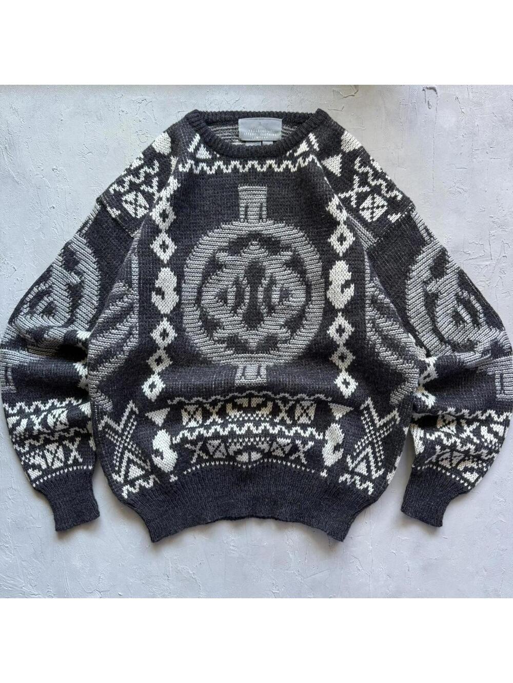 Vintage 1990s Abstract Geometric Grey Knit Indie Grandpa Sweater